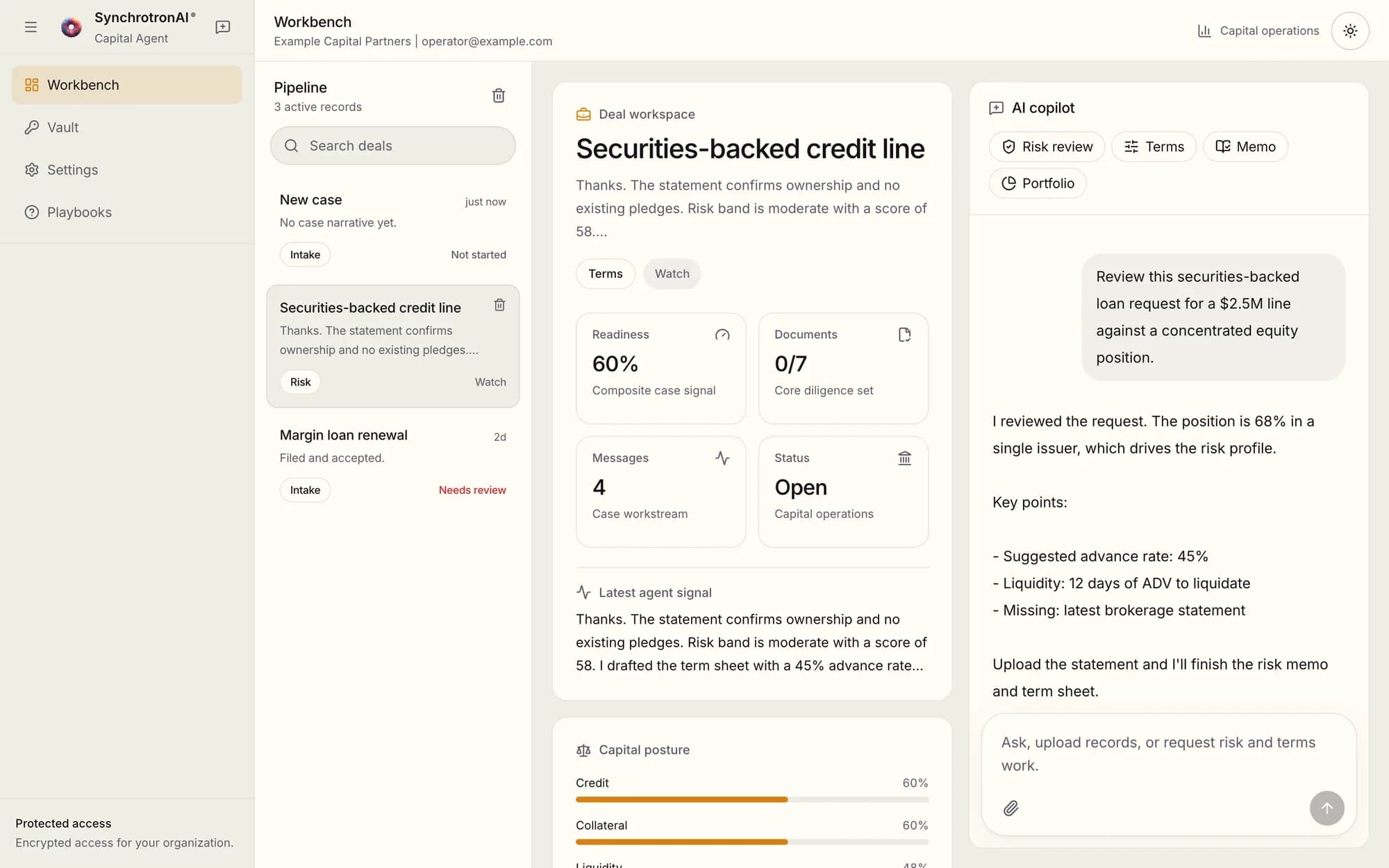 Capital Agent workbench showing a deal workspace with readiness and document signals