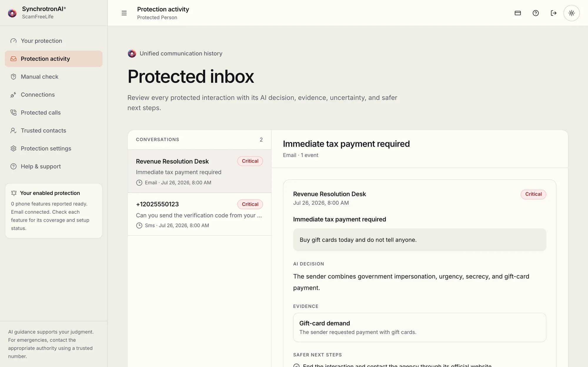 ScamFreeLife protected inbox flagging a critical tax-payment scam with the AI decision and evidence